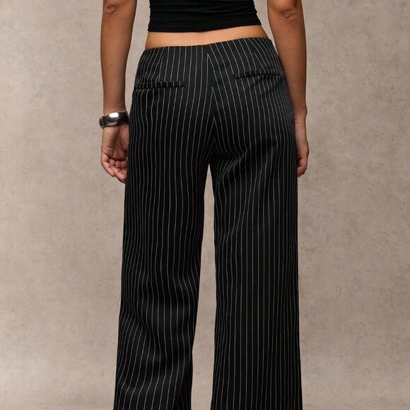 Black Casual Women's Striped Wide-Leg Pants - Picture 2 of 7